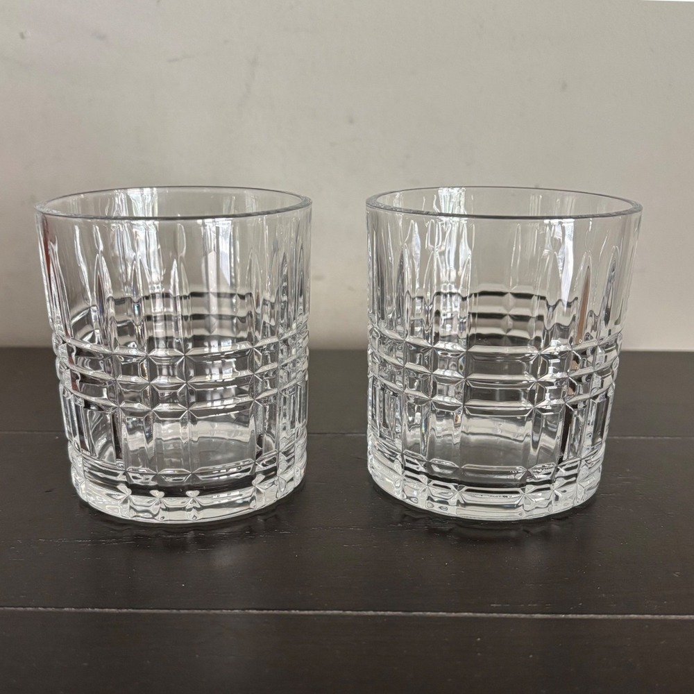 Set of 2 Crystal Whiskey Glasses Crosshatch Cut Lowball Rocks Glass Clear 10oz